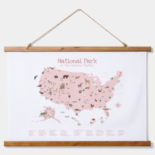 Pink Woodland National Parks Kaart Kleuterschool D Hangend Wandkleed