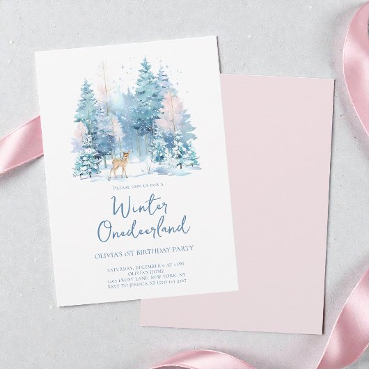 Pink Woodland Winter Onederland 1e verjaardagsfees Kaart