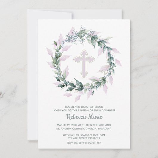 Pink Wreath Baptism Invitations (Voorkant)