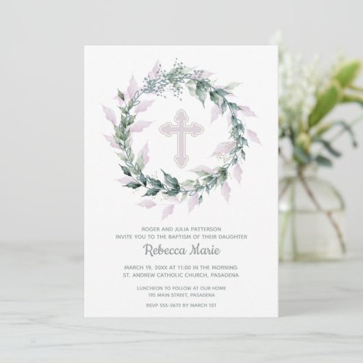 Pink Wreath Baptism Invitations (Staand voorkant)