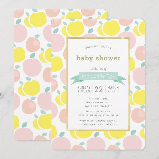 Pink Yellow Apple Pattern Baby shower Invitation Kaart (Voorkant / Achterkant)