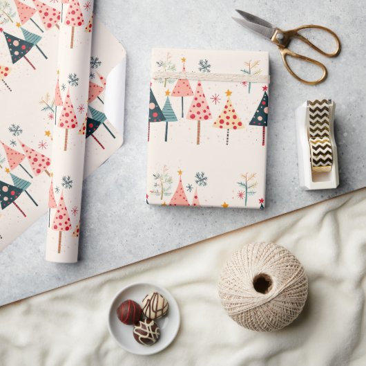 Pink, Yellow, Black, Teal Holiday Trees with Stars Cadeaupapier (Crafts)