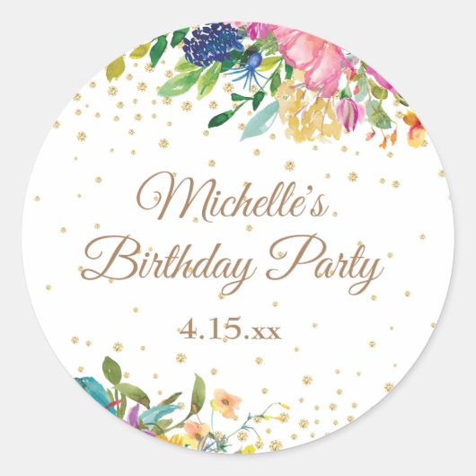 Pink Yellow Blue Floral Birthday Party Ronde Sticker (Voorkant)