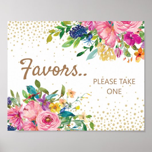 Pink Yellow Blue Floral Gold Baby Shower Favors Poster (Voorkant)