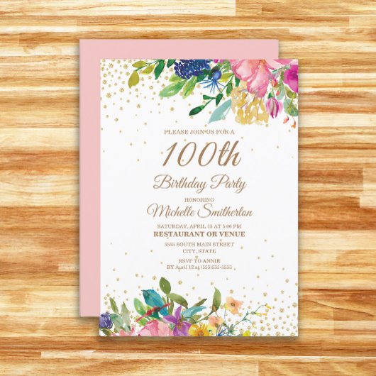 Pink Yellow Blue Floral Gold Glitter 100 Birthday Kaart