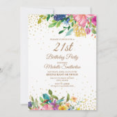 Pink Yellow Blue Floral Gold Glitter 21st Birthday Kaart (Voorkant)