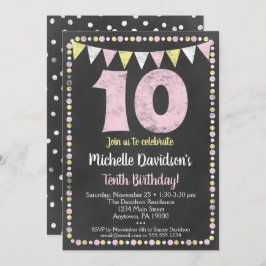 Pink Yellow Chalkboard 10th Birthday Uitnodiging
