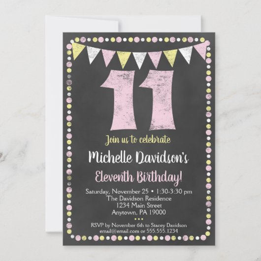 Pink Yellow Chalkboard 11th Birthday Invitation Kaart (Voorkant)