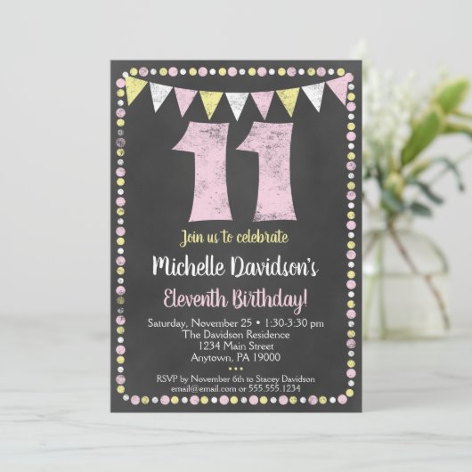 Pink Yellow Chalkboard 11th Birthday Invitation Kaart (Staand voorkant)