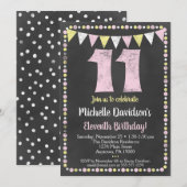 Pink Yellow Chalkboard 11th Birthday Invitation Kaart (Voorkant / Achterkant)