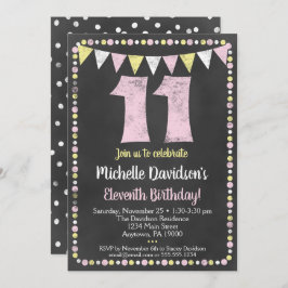 Pink Yellow Chalkboard 11th Birthday Invitation Kaart