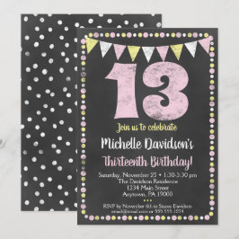 Pink Yellow Chalkboard 13th Birthday Invitation Kaart