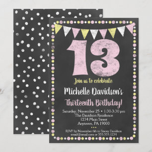 Pink Yellow Chalkboard 13th Birthday Invitation Kaart