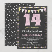 Pink Yellow Chalkboard 14th Birthday Uitnodiging (Voorkant / Achterkant)