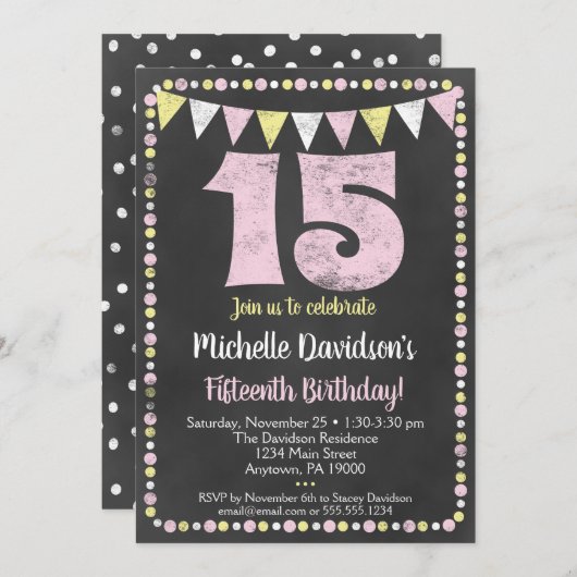 Pink Yellow Chalkboard 15th Birthday Invitation Kaart (Voorkant / Achterkant)