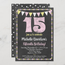Pink Yellow Chalkboard 15th Birthday Invitation Kaart