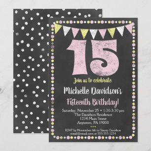 Pink Yellow Chalkboard 15th Birthday Invitation Kaart