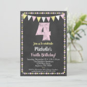 Pink Yellow Chalkboard 4th Birthday Invitation Kaart (Staand voorkant)