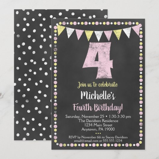 Pink Yellow Chalkboard 4th Birthday Invitation Kaart (Voorkant / Achterkant)