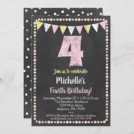 Pink Yellow Chalkboard 4th Birthday Invitation Kaart