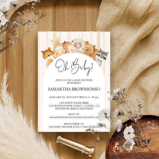 Pink Yellow Cute Animals Budget Oh Baby shower Kaart