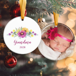 Pink Yellow Daisy Floral New Grandma Photo Ceramic Keramisch Ornament