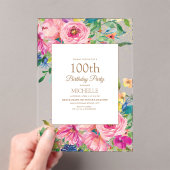 Pink Yellow Floral Gold Glitter 100th Birthday Acryl Uitnodigingen (Insitu (Draagbaar))