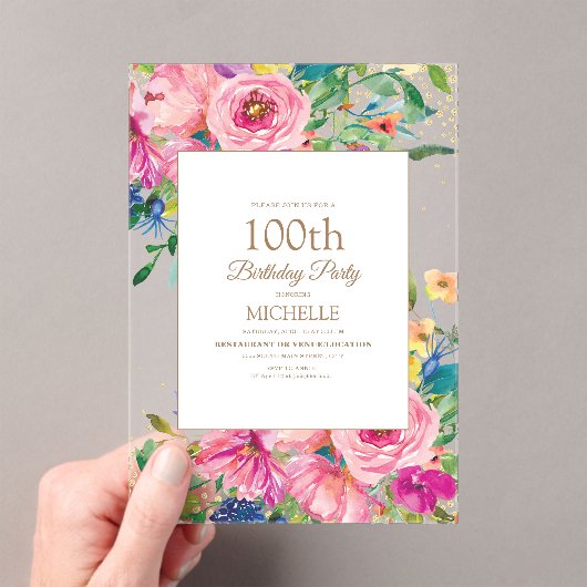 Pink Yellow Floral Gold Glitter 100th Birthday Acryl Uitnodigingen (Insitu (Draagbaar))