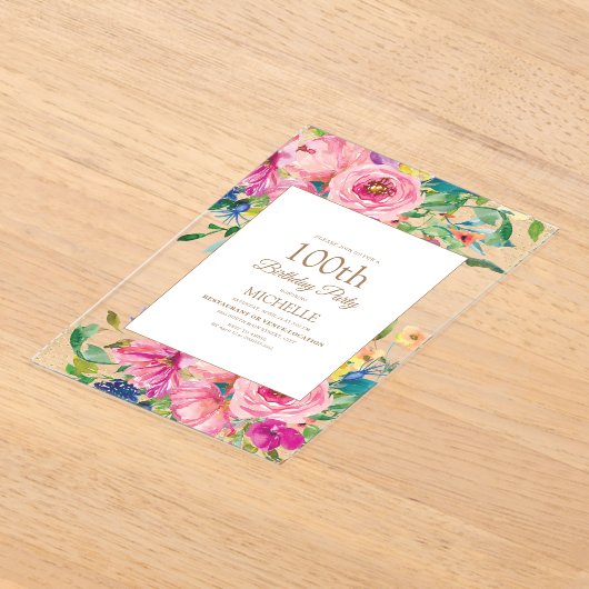 Pink Yellow Floral Gold Glitter 100th Birthday Acryl Uitnodigingen (Laagn)