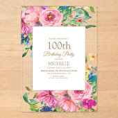 Pink Yellow Floral Gold Glitter 100th Birthday Acryl Uitnodigingen (Voorkant)