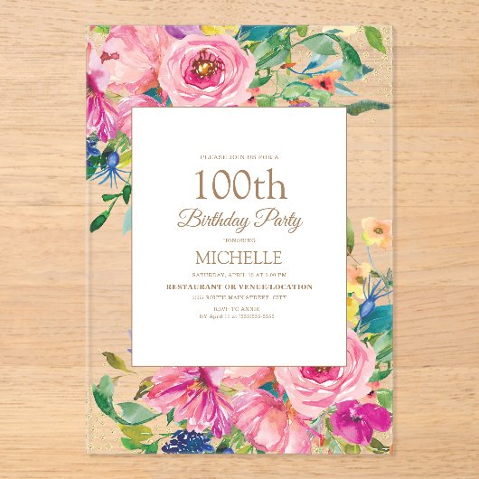 Pink Yellow Floral Gold Glitter 100th Birthday Acryl Uitnodigingen (Voorkant)