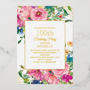 Pink Yellow Floral Gold Glitter 100th Birthday Folie Uitnodiging