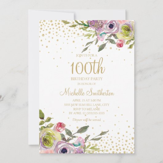 Pink Yellow Floral Gold Glitter 100th Birthday Kaart (Voorkant)