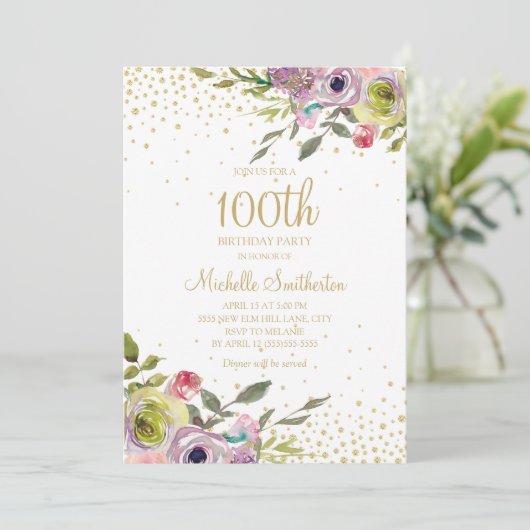 Pink Yellow Floral Gold Glitter 100th Birthday Kaart (Staand voorkant)