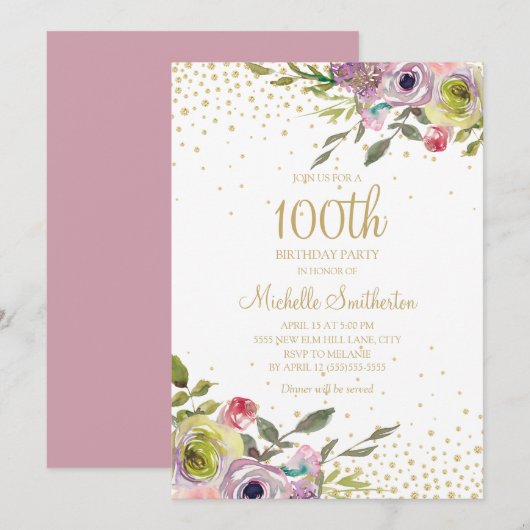 Pink Yellow Floral Gold Glitter 100th Birthday Kaart (Voorkant / Achterkant)