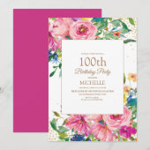 Pink Yellow Floral Gold Glitter 100th Birthday Kaart (Voorkant / Achterkant)