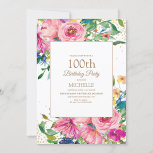 Pink Yellow Floral Gold Glitter 100th Birthday Kaart