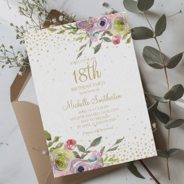 Pink Yellow Floral Gold Glitter 18th Birthday Kaart