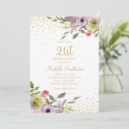 Pink Yellow Floral Gold Glitter 21st Birthday Kaart (Staand voorkant)