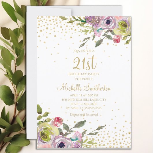 Pink Yellow Floral Gold Glitter 21st Birthday Kaart