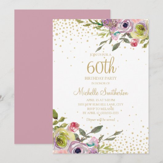 Pink Yellow Floral Gold Glitter 60th Birthday Kaart (Voorkant / Achterkant)