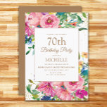 Pink Yellow Floral Gold Glitter 70th Birthday Kaart<br><div class="desc">Elegant en kleurrijk roze, blauw en gele waterverf met goudglitter op een witte 70e verjaardagsfeestje voor vrouwen. Contacteer de ontwerper voor hulp met aanpassing of om het aanpassen of het coördineren van producten te verzoeken. De tekst op deze kaart is volledig aanpasbaar en kan worden ontworpen voor een partij die...</div>