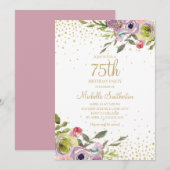 Pink Yellow Floral Gold Glitter 75th Birthday Kaart (Voorkant / Achterkant)