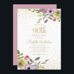 Pink Yellow Floral Gold Glitter 90th Birthday Kaart<br><div class="desc">Elegant en kleurrijk roze en gele waterverf met goudglitter op uitnodiging van een witte 90e verjaardag. Neem contact met ons op voor hulp bij aanpassingen of om passende producten aan te vragen.</div>