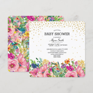 Pink Yellow Floral Gold Glitter Baby shower Kaart