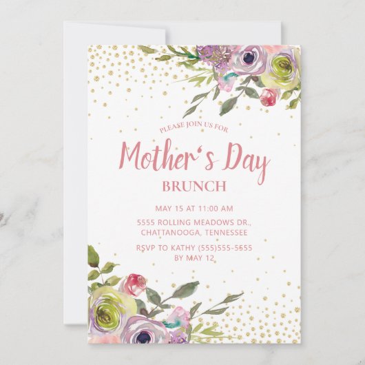 Pink Yellow Floral Gold Glitter Moederdag Brunch Kaart (Voorkant)