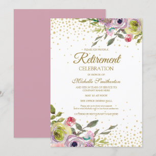 Pink Yellow Floral Gold Glitter Retirement Party Kaart