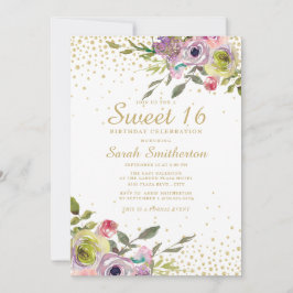 Pink Yellow Floral Gold Glitter Sweet 16 Birthday Kaart