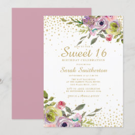 Pink Yellow Floral Gold Glitter Sweet 16 Birthday Kaart