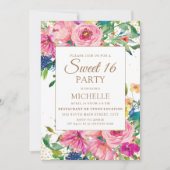Pink Yellow Floral Gold Glitter Sweet 16 Kaart (Voorkant)